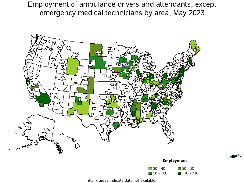 Map of employment of ambulance drivers and attendants, except emergency medical technicians by area, May 2023