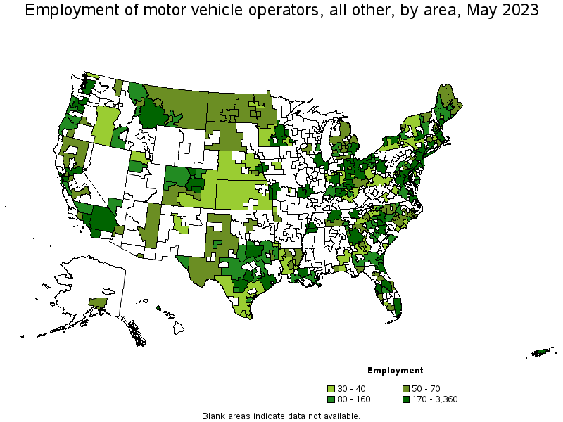 Map of employment of motor vehicle operators, all other by area, May 2023