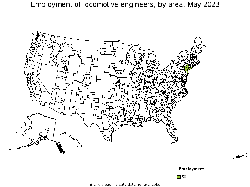 Map of employment of locomotive engineers by area, May 2023