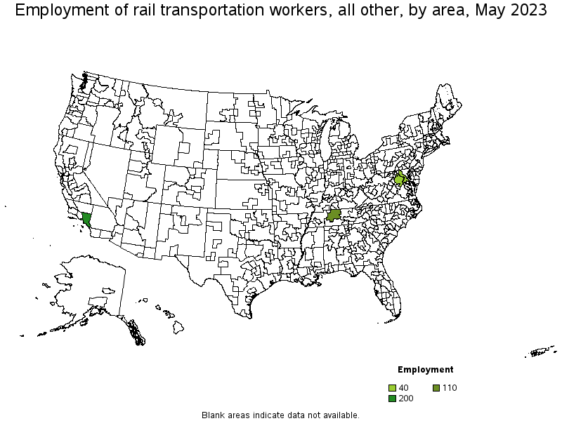 Map of employment of rail transportation workers, all other by area, May 2023