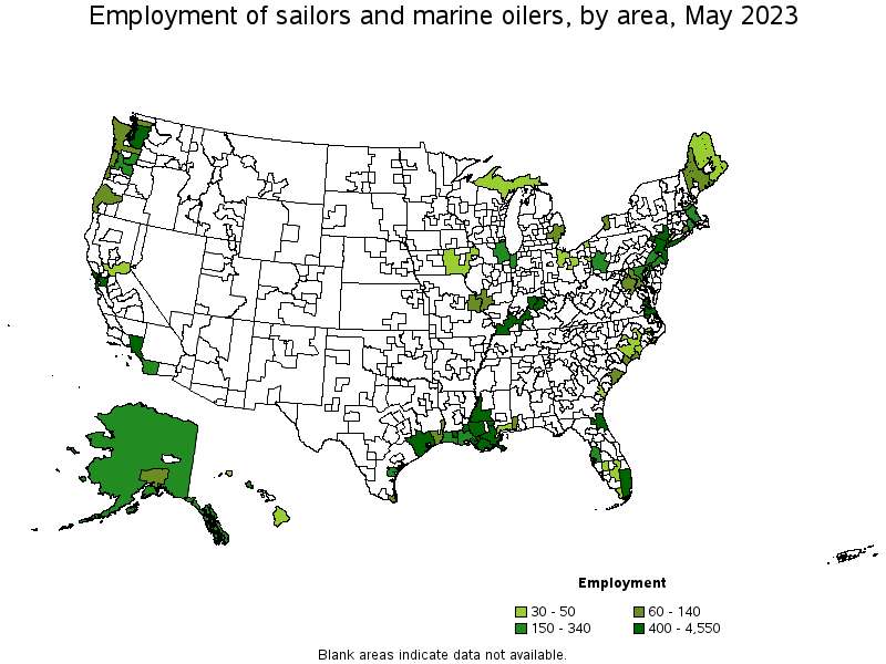 Map of employment of sailors and marine oilers by area, May 2023