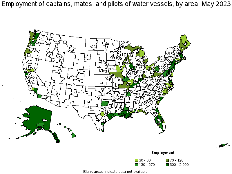 Map of employment of captains, mates, and pilots of water vessels by area, May 2023
