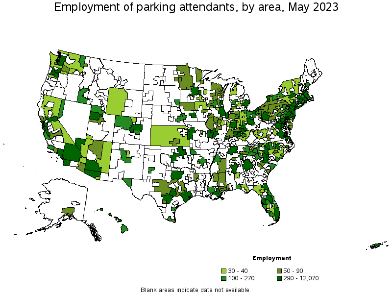 Map of employment of parking attendants by area, May 2023