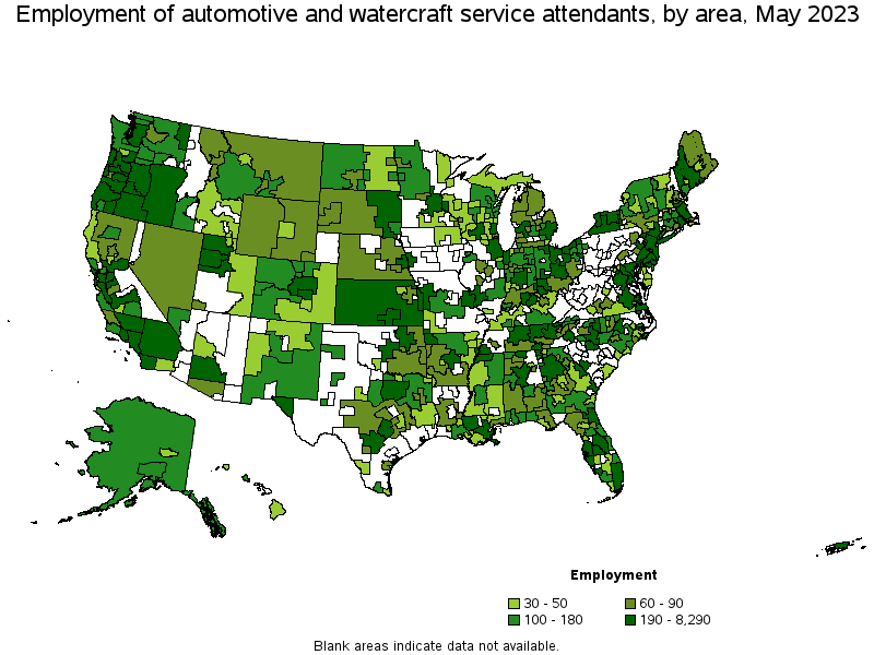 Map of employment of automotive and watercraft service attendants by area, May 2023