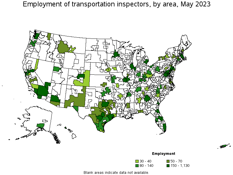 Map of employment of transportation inspectors by area, May 2023