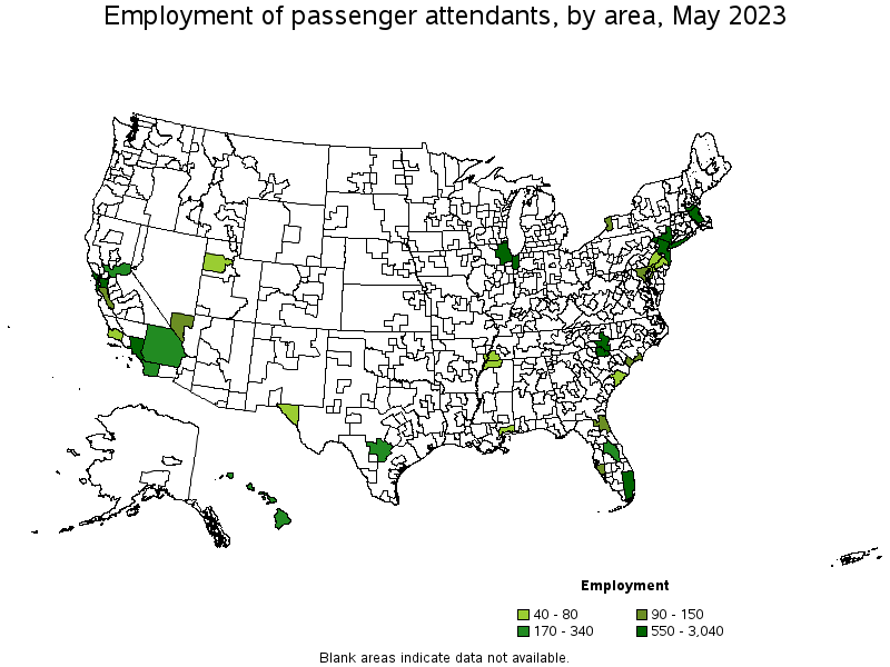 Map of employment of passenger attendants by area, May 2023