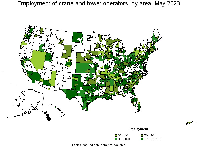 Map of employment of crane and tower operators by area, May 2023