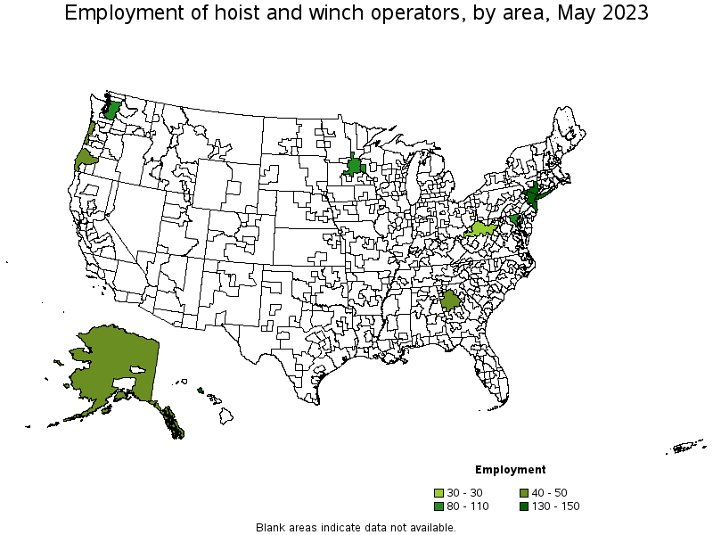 Map of employment of hoist and winch operators by area, May 2023