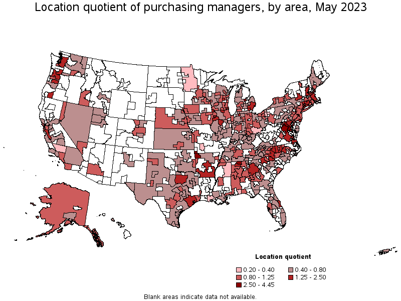 Map of location quotient of purchasing managers by area, May 2023