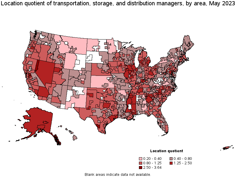 Map of location quotient of transportation, storage, and distribution managers by area, May 2023