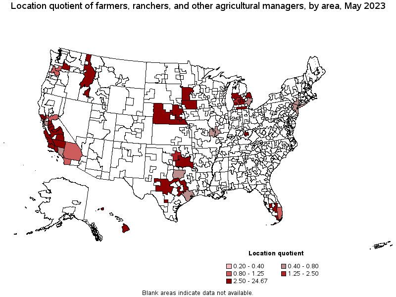 Map of location quotient of farmers, ranchers, and other agricultural managers by area, May 2023