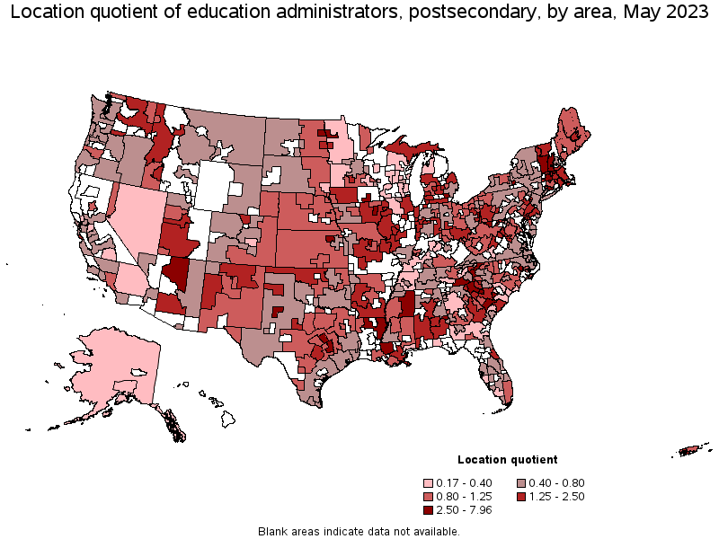 Map of location quotient of education administrators, postsecondary by area, May 2023
