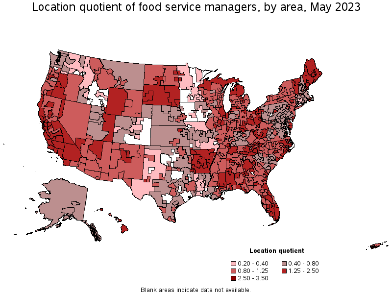 Map of location quotient of food service managers by area, May 2023