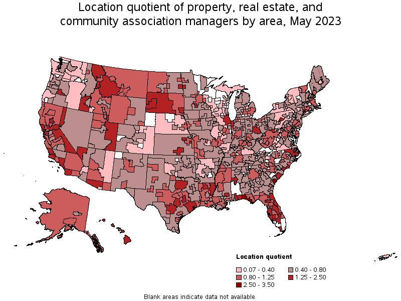 Map of location quotient of property, real estate, and community association managers by area, May 2023