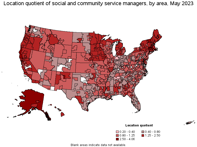 Map of location quotient of social and community service managers by area, May 2023