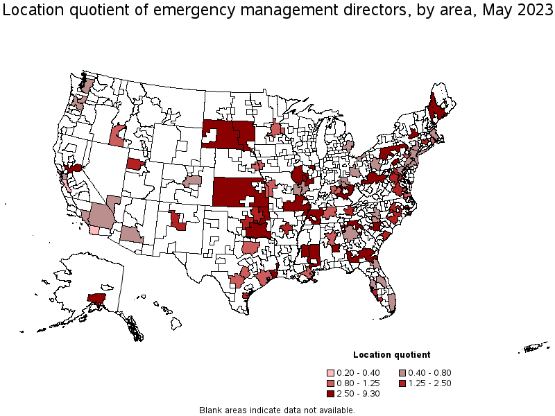 Map of location quotient of emergency management directors by area, May 2023