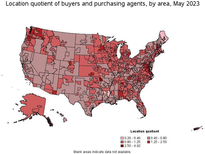 Map of location quotient of buyers and purchasing agents by area, May 2023