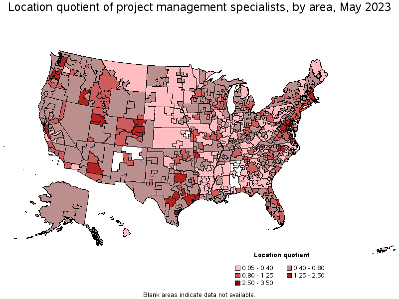 Map of location quotient of project management specialists by area, May 2023