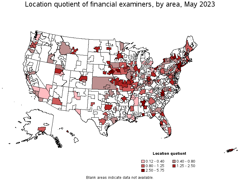 Map of location quotient of financial examiners by area, May 2023