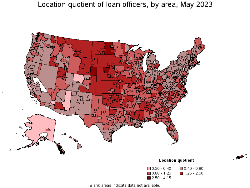Map of location quotient of loan officers by area, May 2023