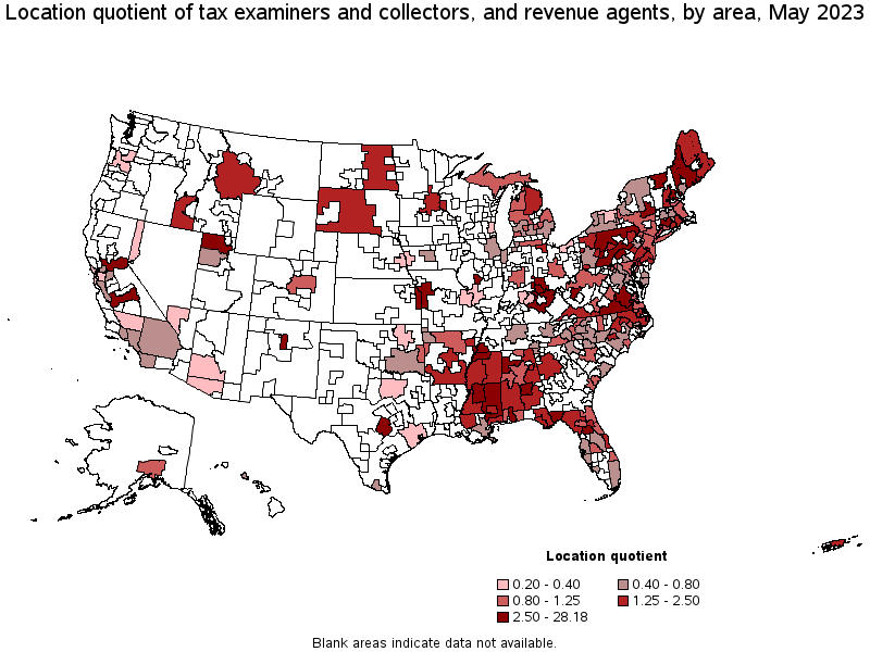 Map of location quotient of tax examiners and collectors, and revenue agents by area, May 2023