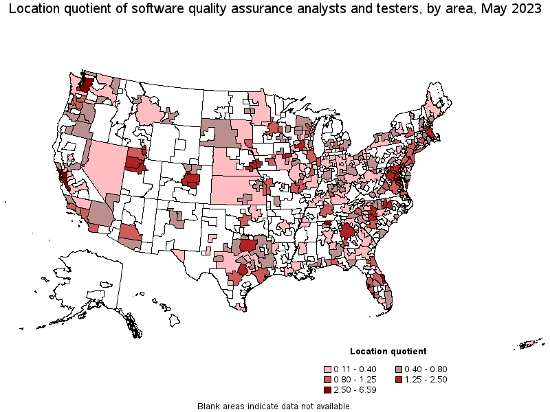 Map of location quotient of software quality assurance analysts and testers by area, May 2023