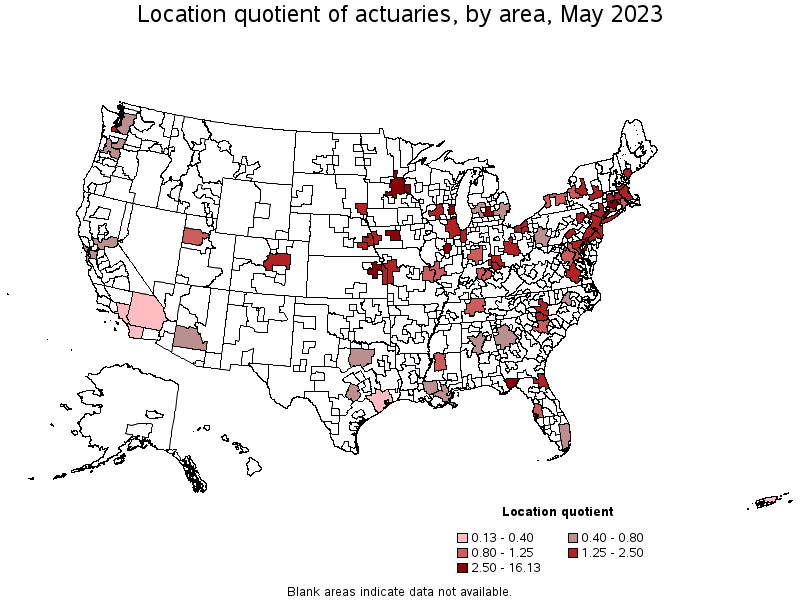 Map of location quotient of actuaries by area, May 2023