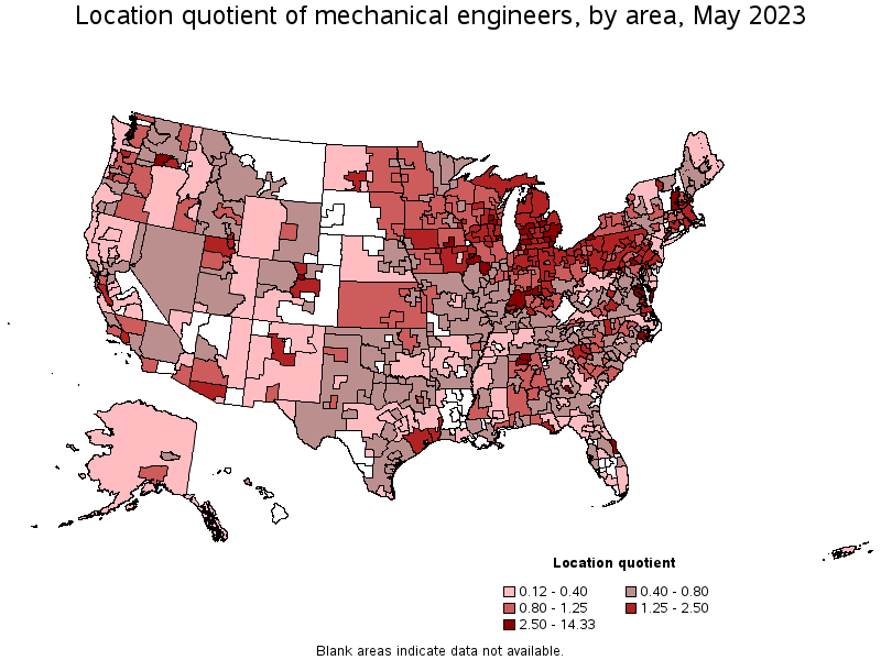 Map of location quotient of mechanical engineers by area, May 2023