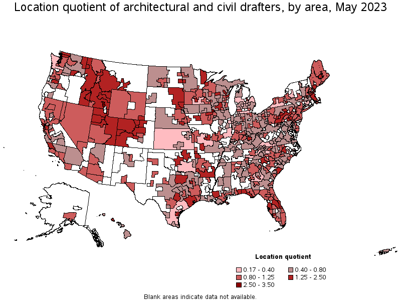 Map of location quotient of architectural and civil drafters by area, May 2023