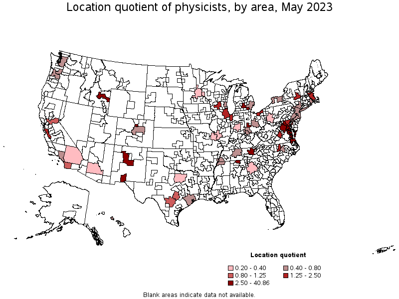 Map of location quotient of physicists by area, May 2023