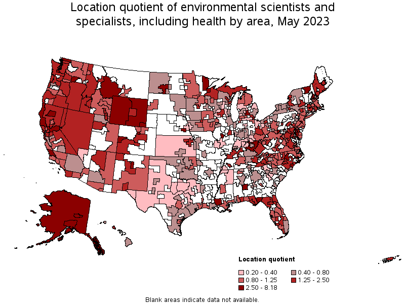 Map of location quotient of environmental scientists and specialists, including health by area, May 2023