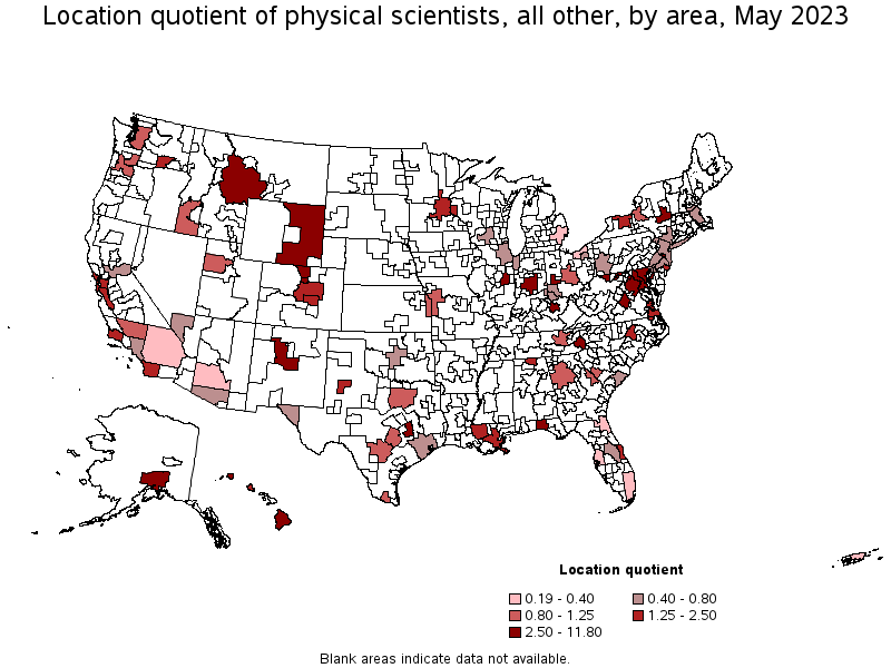Map of location quotient of physical scientists, all other by area, May 2023
