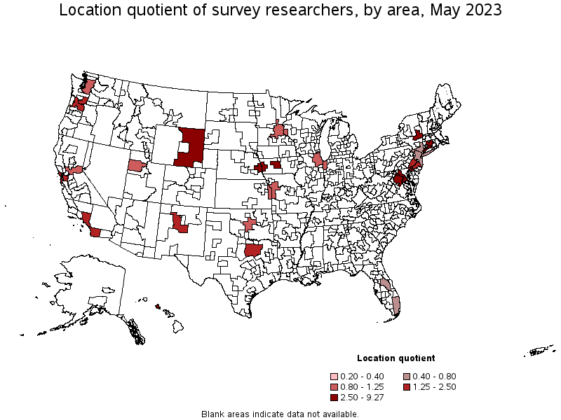 Map of location quotient of survey researchers by area, May 2023