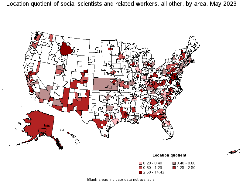 Map of location quotient of social scientists and related workers, all other by area, May 2023
