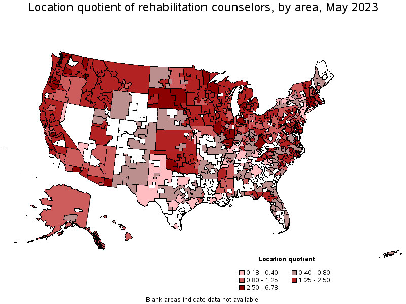 Map of location quotient of rehabilitation counselors by area, May 2023