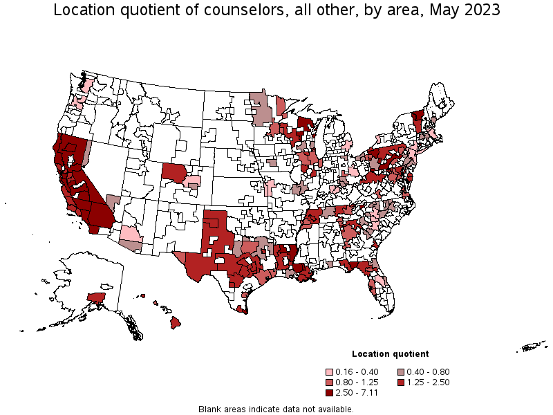 Map of location quotient of counselors, all other by area, May 2023