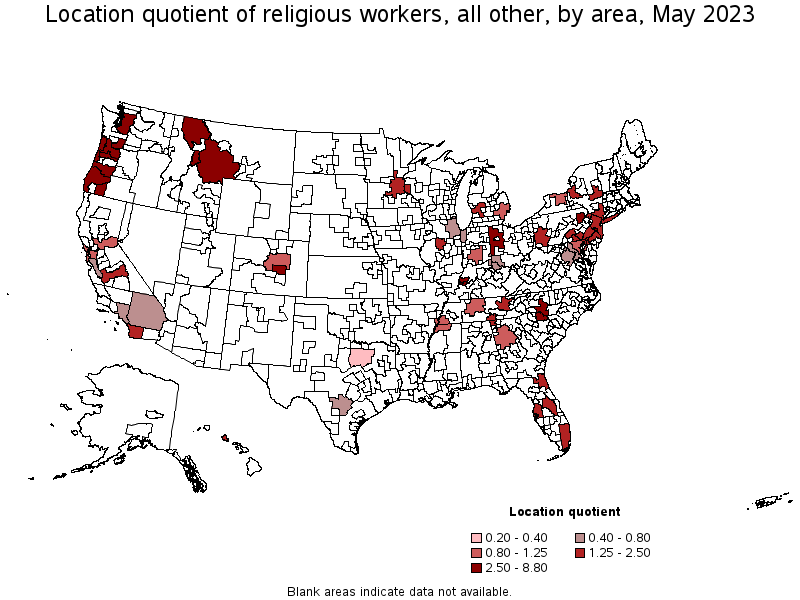 Map of location quotient of religious workers, all other by area, May 2023