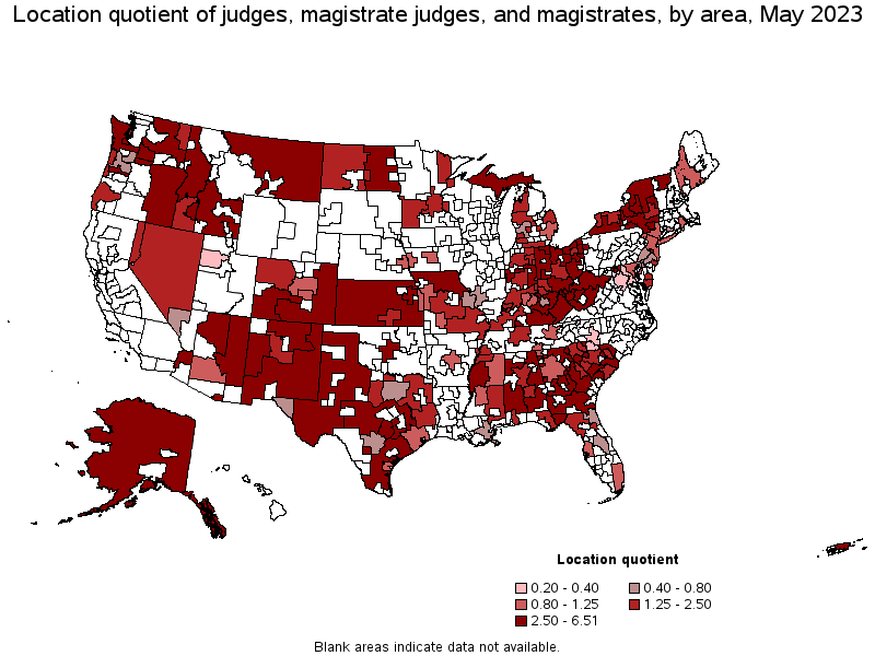 Map of location quotient of judges, magistrate judges, and magistrates by area, May 2023