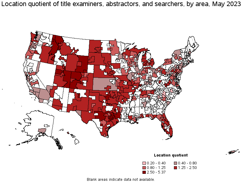 Map of location quotient of title examiners, abstractors, and searchers by area, May 2023