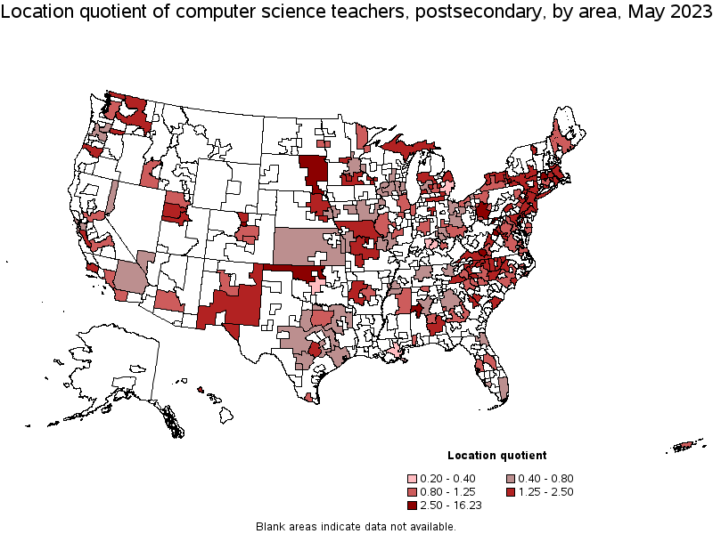 Map of location quotient of computer science teachers, postsecondary by area, May 2023