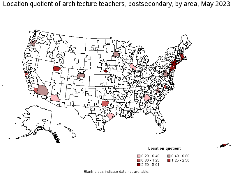 Map of location quotient of architecture teachers, postsecondary by area, May 2023