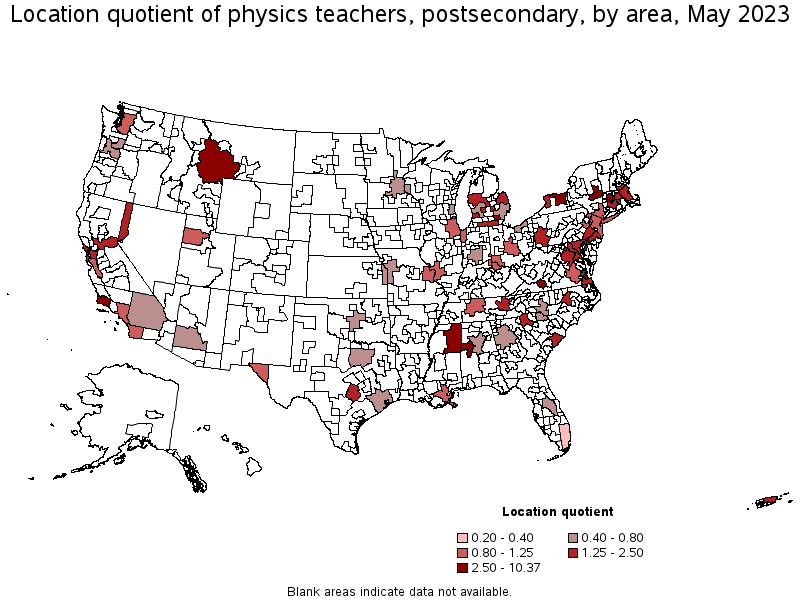 Map of location quotient of physics teachers, postsecondary by area, May 2023