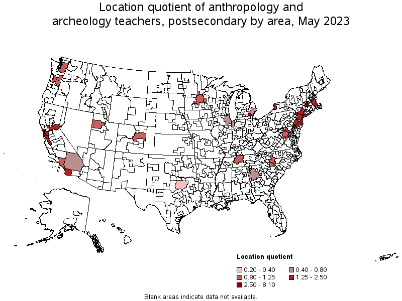 Map of location quotient of anthropology and archeology teachers, postsecondary by area, May 2023