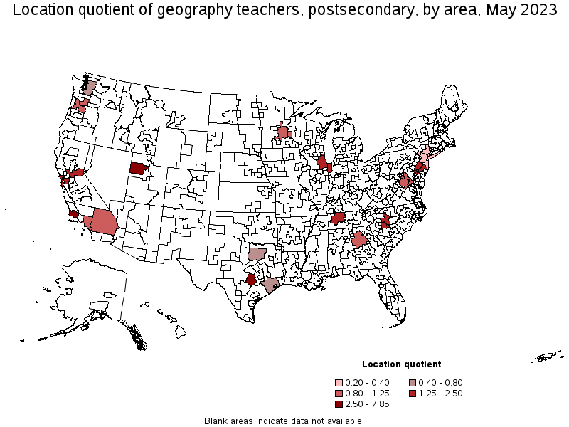 Map of location quotient of geography teachers, postsecondary by area, May 2023