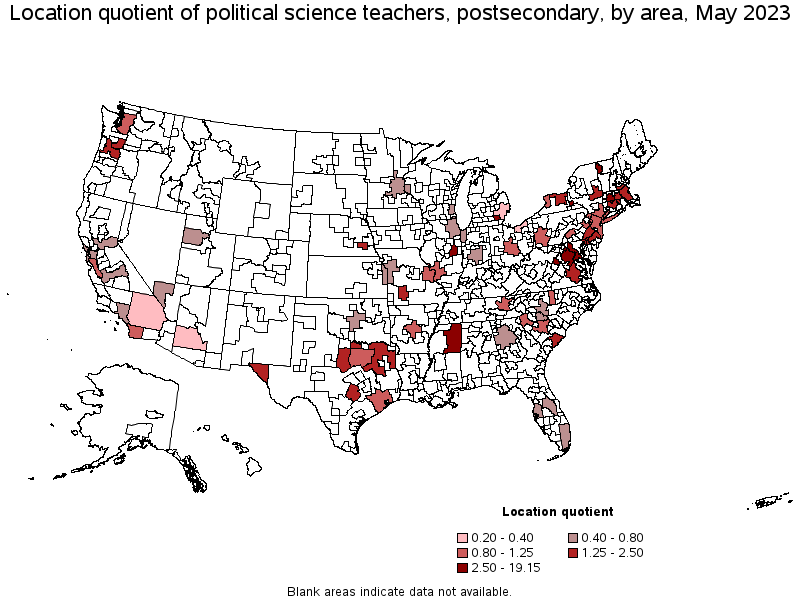 Map of location quotient of political science teachers, postsecondary by area, May 2023