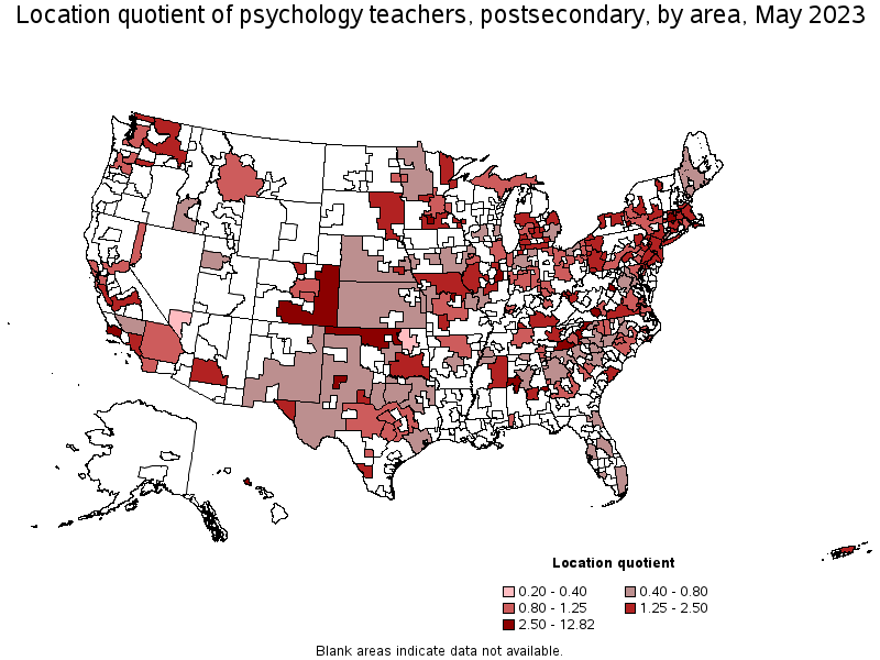Map of location quotient of psychology teachers, postsecondary by area, May 2023