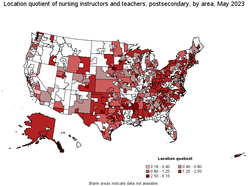 Map of location quotient of nursing instructors and teachers, postsecondary by area, May 2023