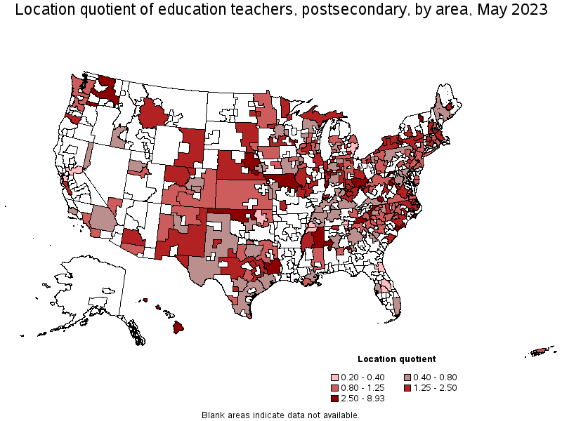 Map of location quotient of education teachers, postsecondary by area, May 2023
