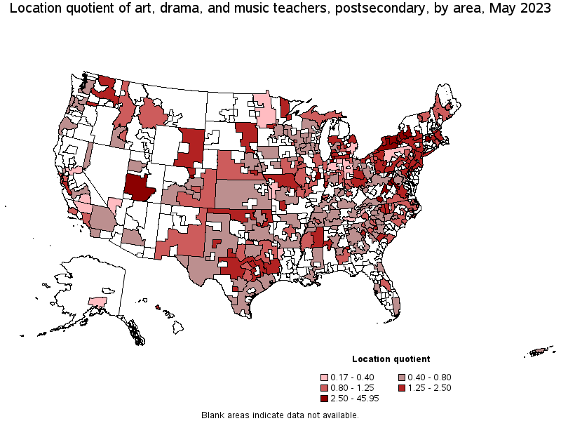 Map of location quotient of art, drama, and music teachers, postsecondary by area, May 2023