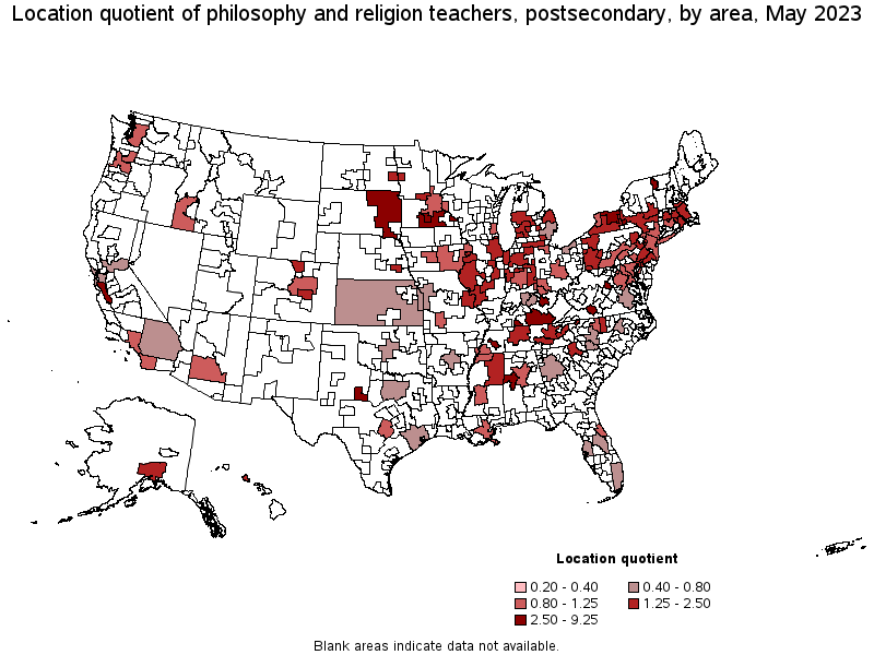 Map of location quotient of philosophy and religion teachers, postsecondary by area, May 2023